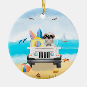 shih tzu Dog Driving on Beach  Ceramic Tree Decoration
