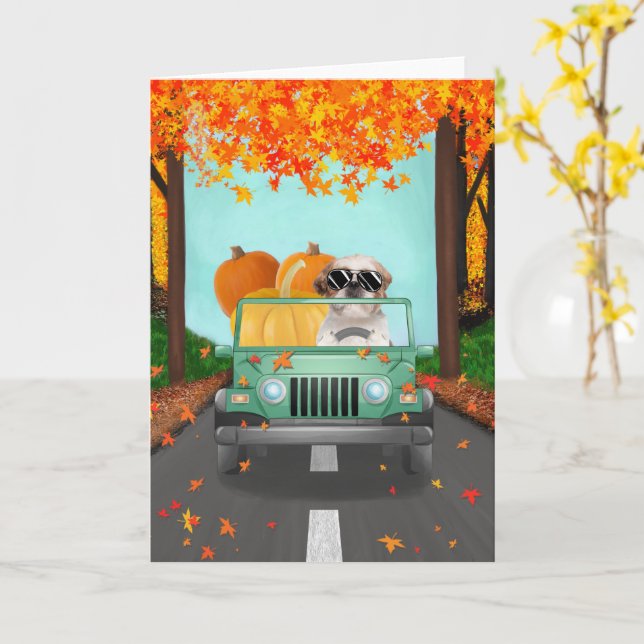 Shih Tzu Dog Fall Pumpkin Card (Yellow Flower)