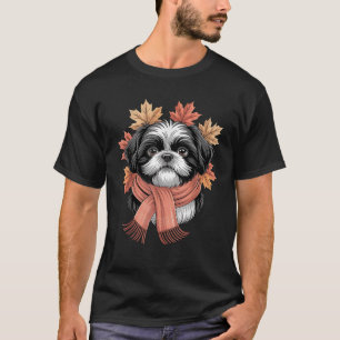 Shih Tzu Dog Fall Scarf Dogs Autumn Leaves Thanksg T-Shirt