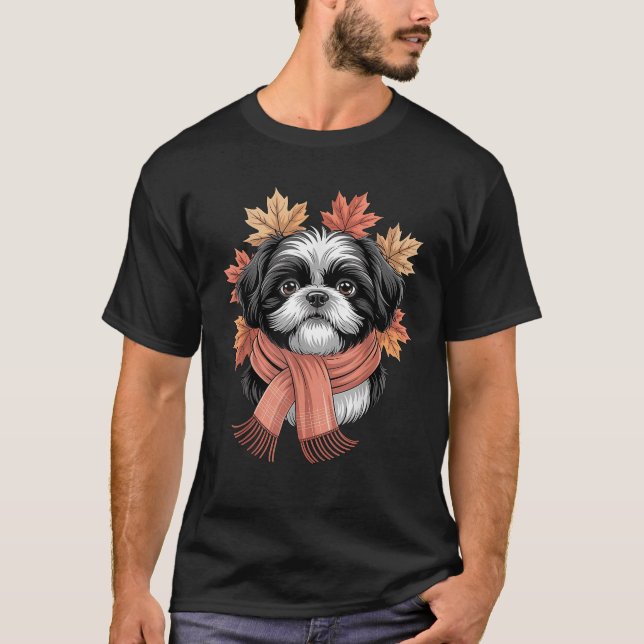 Shih Tzu Dog Fall Scarf Dogs Autumn Leaves Thanksg T-Shirt (Front)
