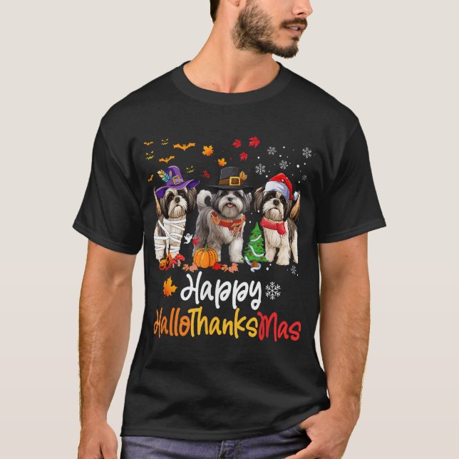 Shih Tzu Dog Halloween Christmas Happy Hallothanks T-Shirt (Front)
