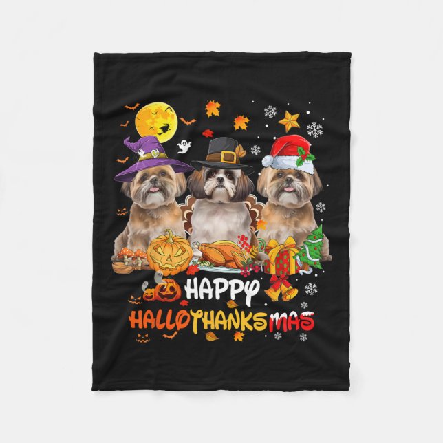 Shih Tzu Dog Happy Halloween Thanksgiving Merry Ch Fleece Blanket (Front)