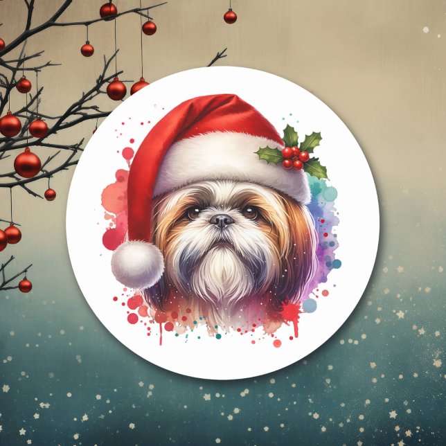 Shih Tzu Dog in Santa Hat Christmas Classic Round Sticker (Creator Uploaded)