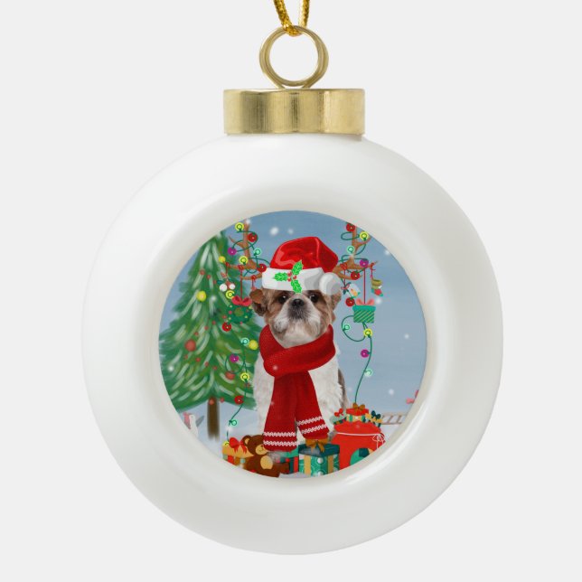 Shih Tzu Dog in Snow Christmas Ceramic Ball Christmas Ornament (Front)