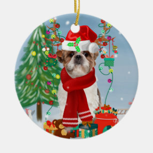Shih Tzu Dog in Snow Christmas  Ceramic Tree Decoration