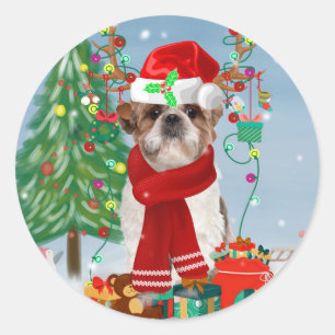 Shih Tzu Dog in Snow Christmas Classic Round Sticker