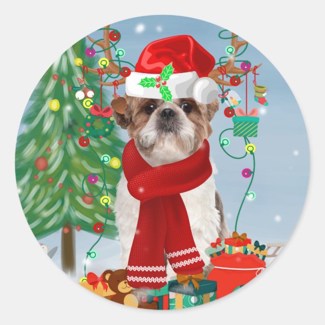 Shih Tzu Dog in Snow Christmas  Classic Round Sticker (Front)