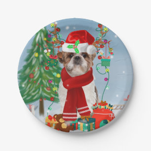 Shih Tzu Dog in Snow Christmas Paper Plate