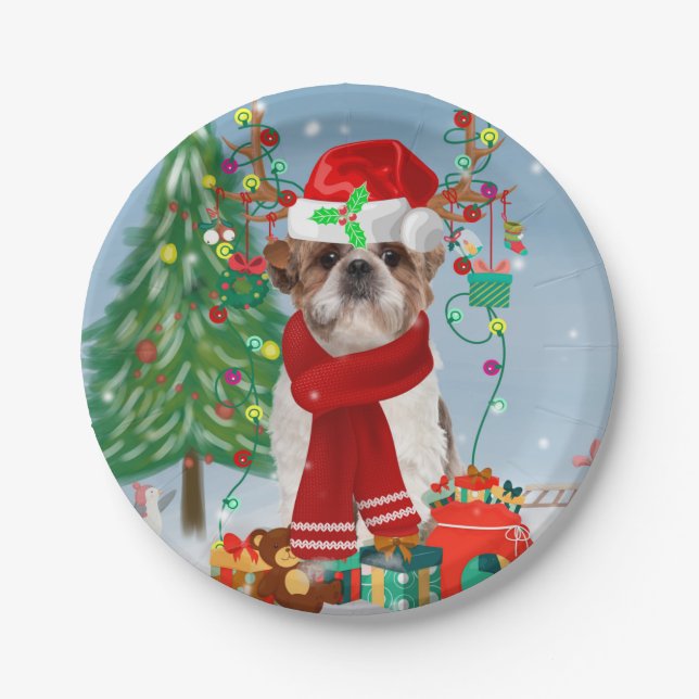 Shih Tzu Dog in Snow Christmas  Paper Plate (Front)