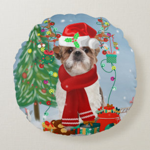 Shih Tzu Dog in Snow Christmas Round Cushion