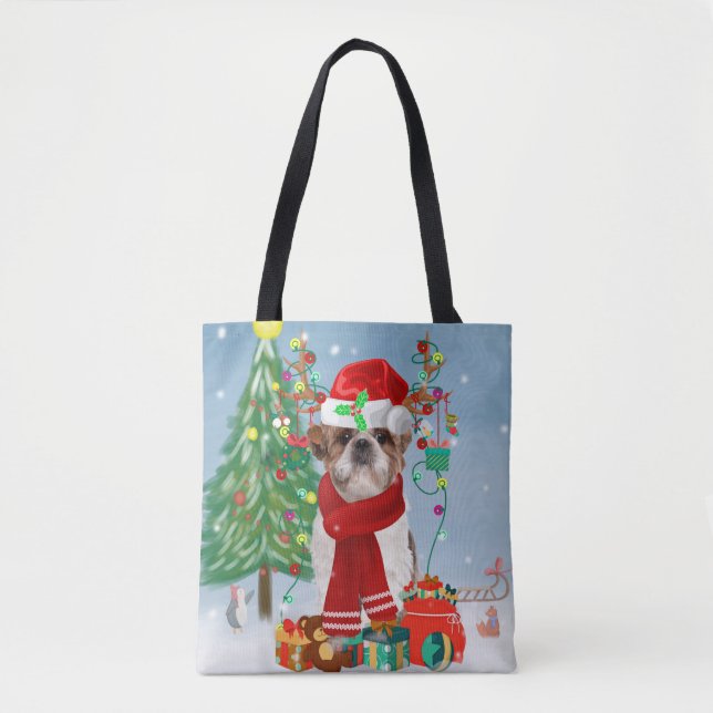 Shih Tzu Dog in Snow Christmas Tote Bag (Front)