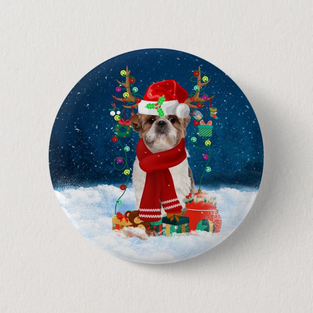 Shih Tzu Dog in Snow with Christmas Gifts  6 Cm Round Badge (Front)
