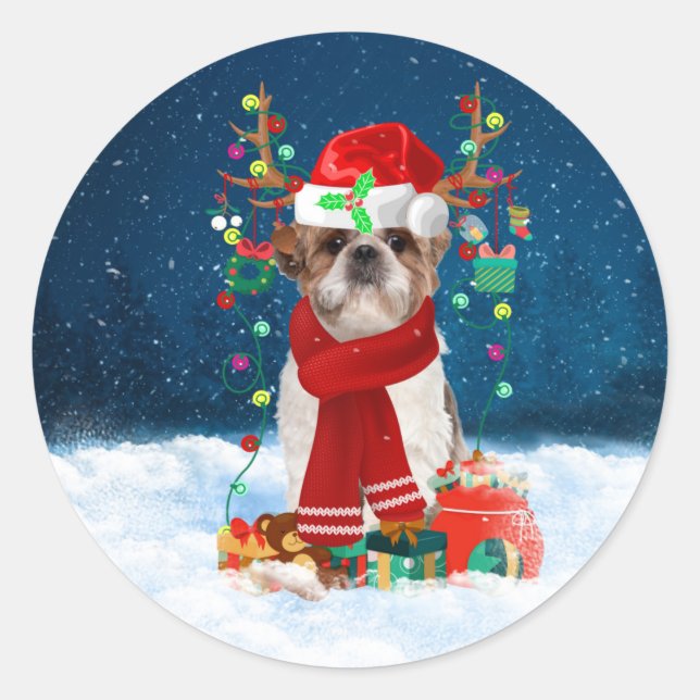 Shih Tzu Dog in Snow with Christmas Gifts  Classic Round Sticker (Front)