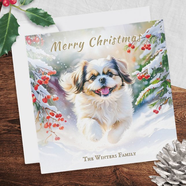 Shih Tzu Dog In Winter Snow Merry Christmas Holiday Card (A Christmas card with illustration of a Shih Tzu dog walking in snow, in a watercolor style)