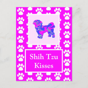Shih Tzu Dog Kisses Silhouette in Cute Pink & Blue Postcard