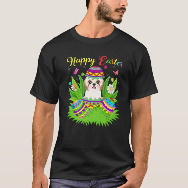 Shih Tzu Dog Lover Floral Easter Egg Funny Shih Tz T-Shirt (Front)