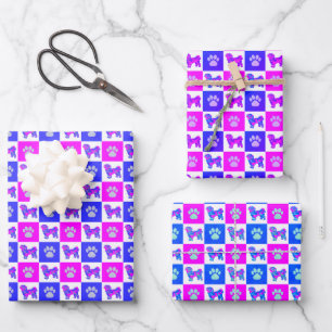 Shih Tzu Dog & Paw Crazy Hot Pink & Blue Wrapping Paper Sheet