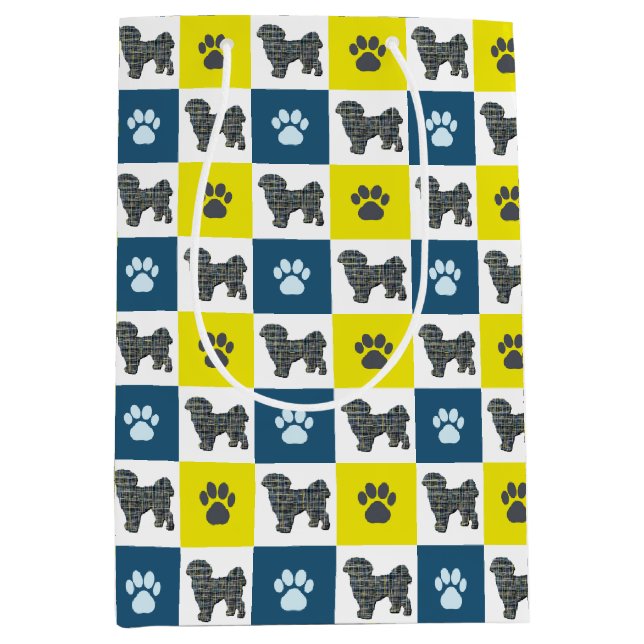 Shih Tzu Dog & Paw Print Yellow Grid Silhouette Medium Gift Bag (Front)