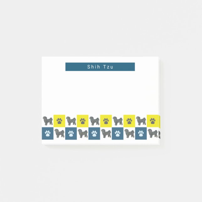 Shih Tzu Dog & Paw Yellow & Blue Grid Silhouette Post-it Notes (Front)