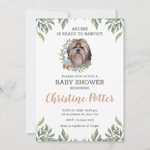 Shih Tzu Dog Puppy Greenery Boho Baby Shower Invitation