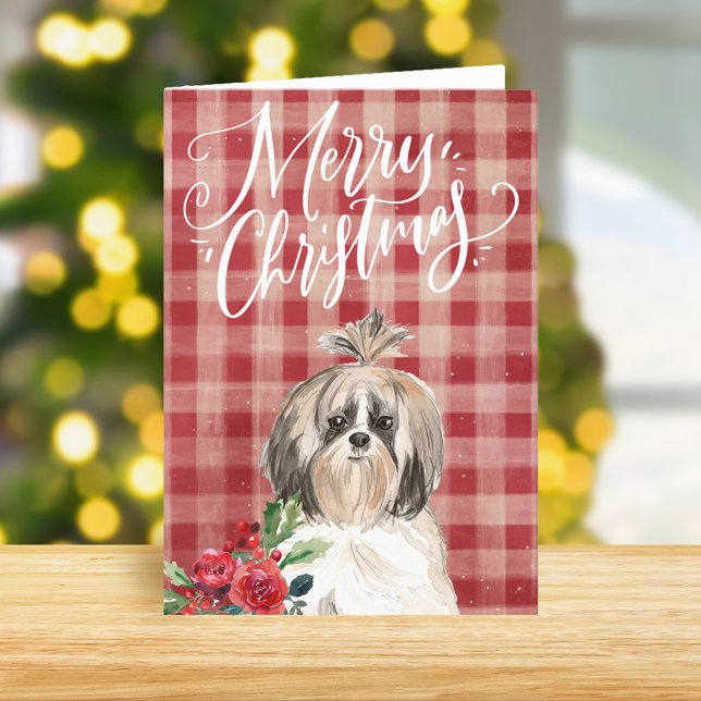 Shih Tzu Dog Red Plaid Christmas Holiday Card (Creator Uploaded)