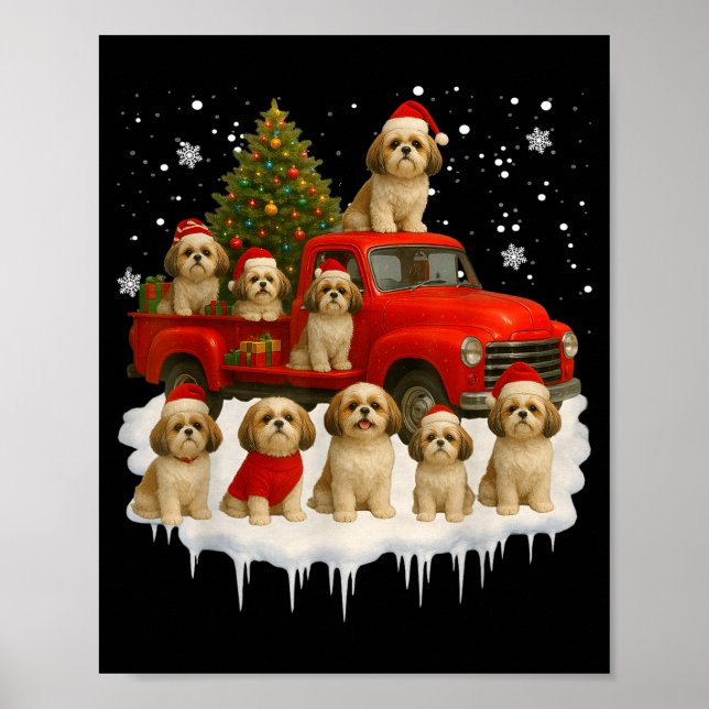 Shih Tzu Dog Red Truck Christmas Tree Santa Ugly X Poster (Front)