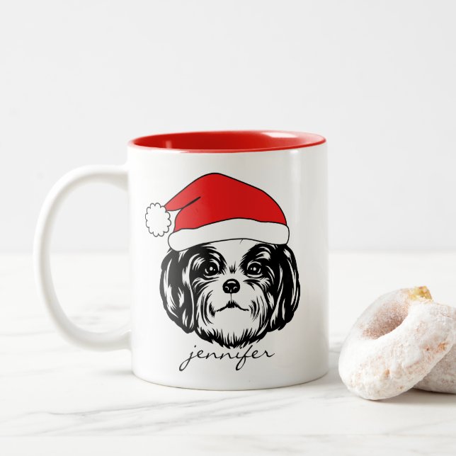 Shih Tzu Dog Santa Hat Two-Tone Coffee Mug (With Donut)