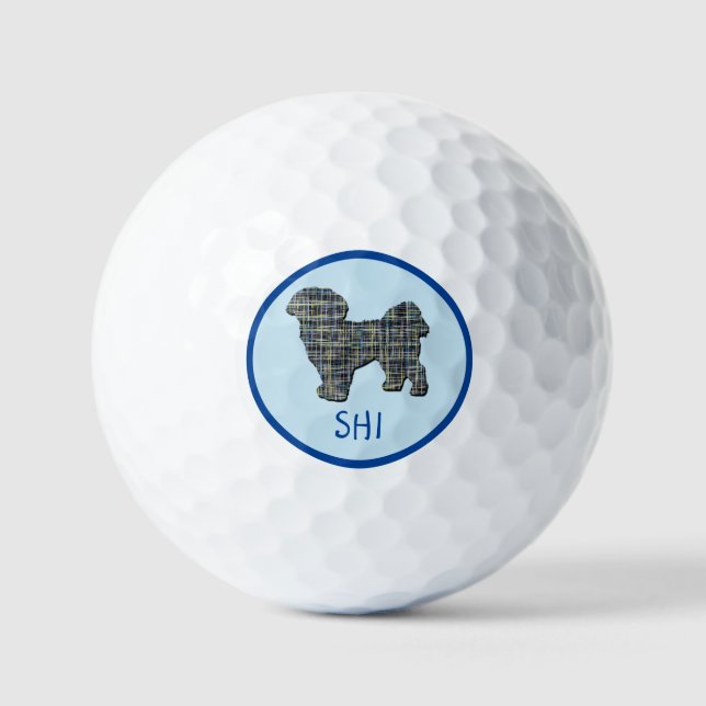 Shih Tzu Dog Silhouette Grid Monogram Blue Golf Balls (Front)