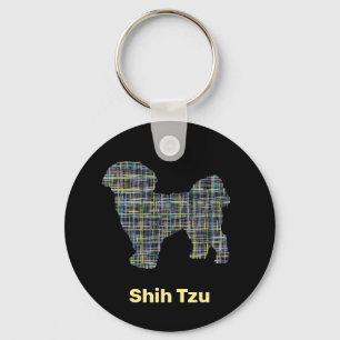 Shih Tzu Dog Silhouette Yellow & Black Grid Lines Key Ring