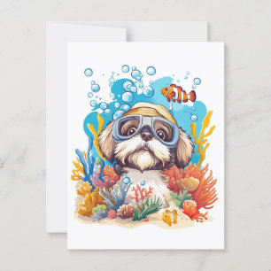 Shih Tzu Dog Snorkeling Coral Reef Postcard