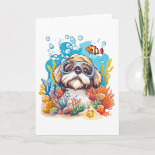Shih Tzu Dog Snorkelling Coral Reef Card
