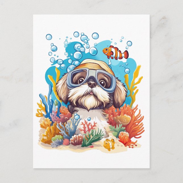 Shih Tzu Dog Snorkelling Coral Reef Postcard (Front)