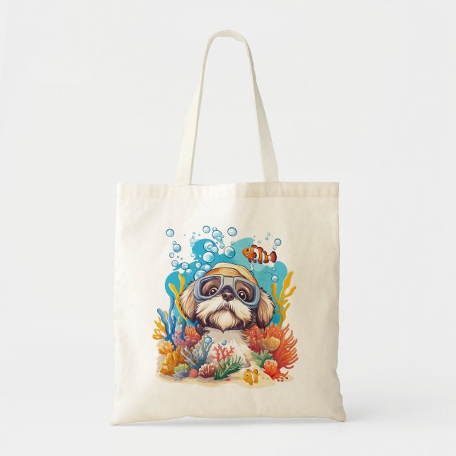 Shih Tzu Dog Snorkelling Coral Reef Tote Bag (Front)