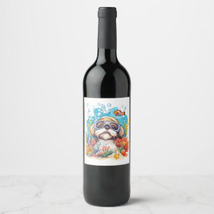 Shih Tzu Dog Snorkelling Coral Reef Wine Label
