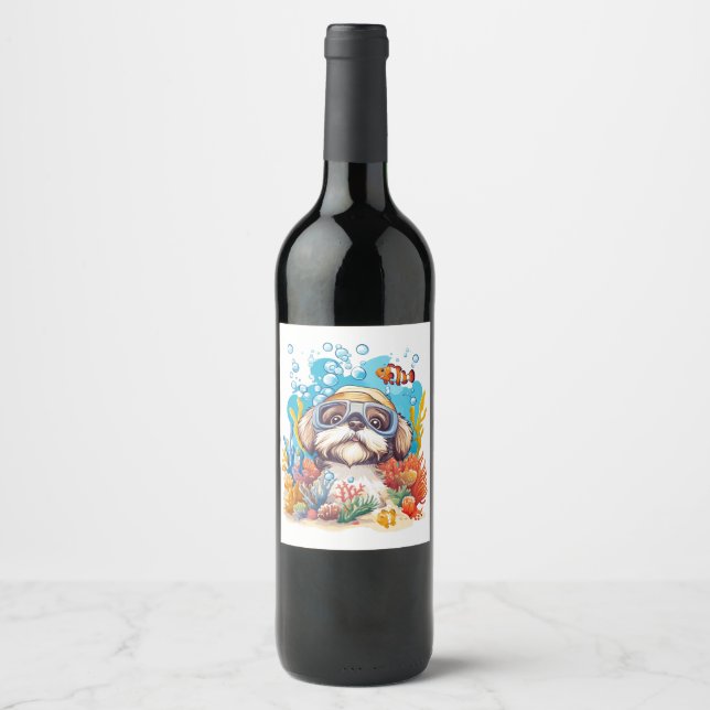 Shih Tzu Dog Snorkelling Coral Reef Wine Label (Front)
