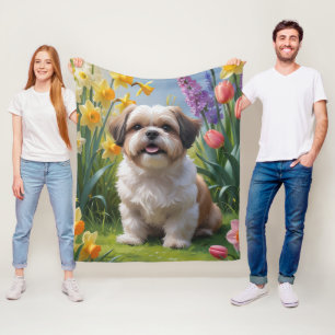 Shih Tzu Dog Spring Flowers Painting Fleece Blanket