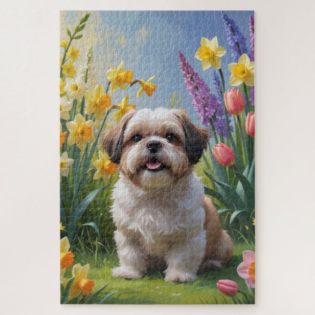 Shih Tzu Dog Spring Flowers Painting Jigsaw Puzzle (Vertical)