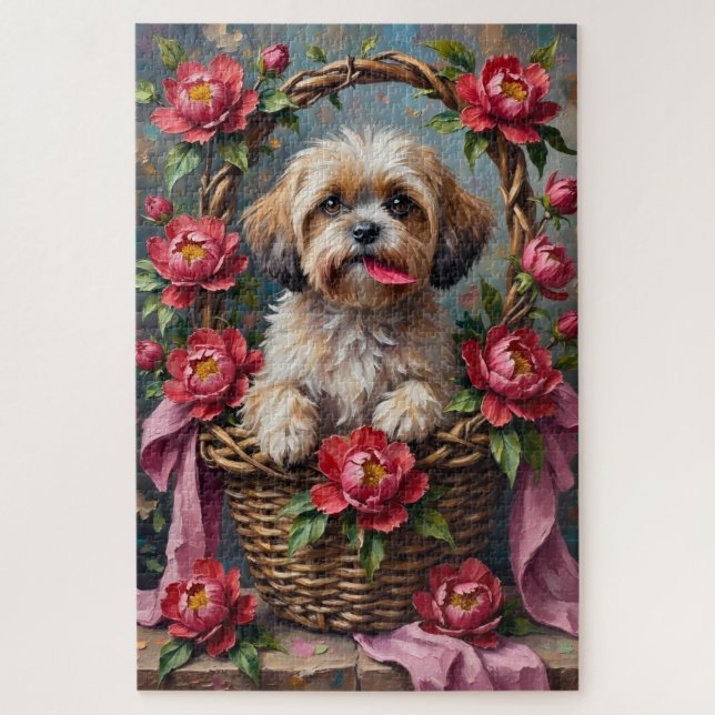 Shih Tzu Dog Valentine's Day Peony Flower Basket Jigsaw Puzzle (Vertical)