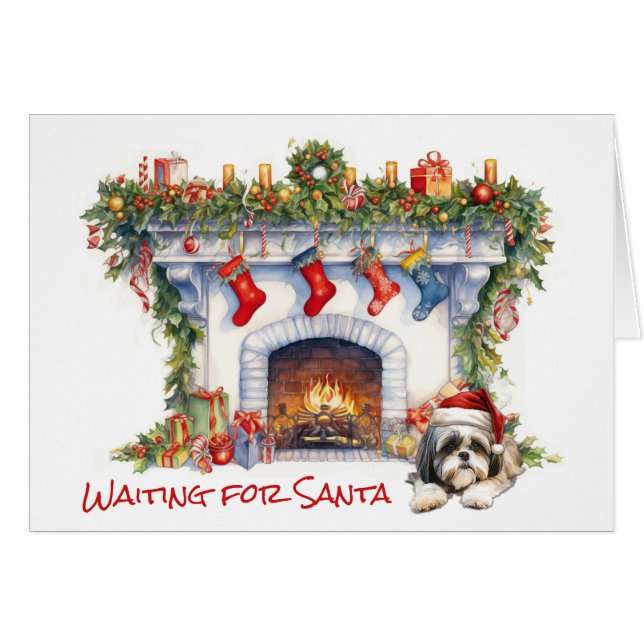Shih Tzu Dog Wait for Santa Christmas Fireplace (Front Horizontal)