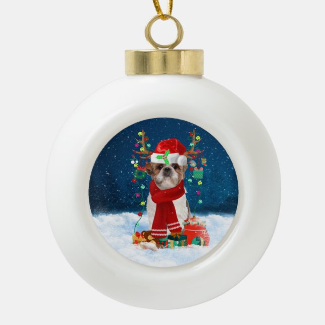 Shih Tzu dog with Christmas gifts Ceramic Ball Christmas Ornament (Front)