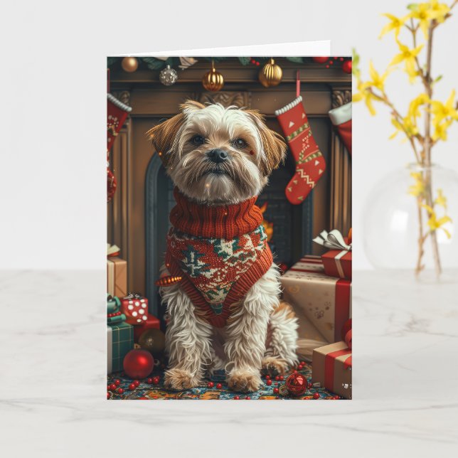 Shih Tzu Dog With Christmas Gifts Fireplace Card (Yellow Flower)