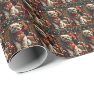Shih Tzu Dog With Christmas Gifts Fireplace Wrapping Paper