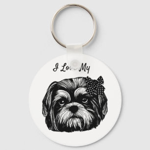 Shih Tzu dog with polka dot bow Original art   Key Ring