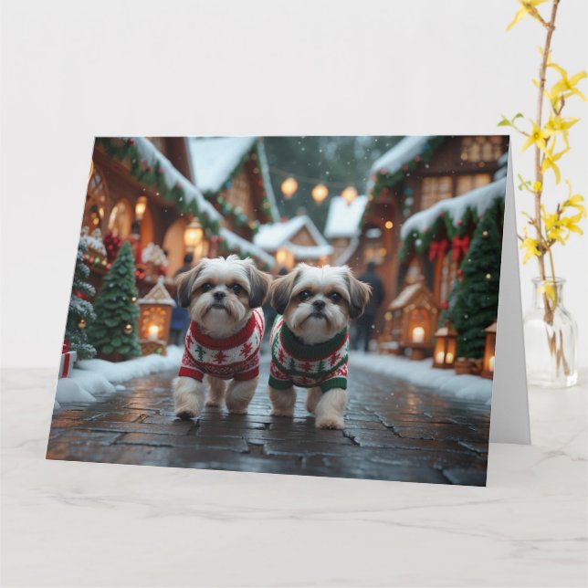 Shih Tzu Dogs Christmas Snow Holiday Card (Yellow Flower)