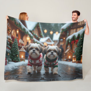 Shih Tzu Dogs Christmas Snow Holiday Fleece Blanket
