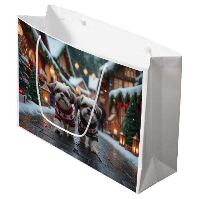 Shih Tzu Dogs Christmas Snow Holiday Large Gift Bag (Front Angled)