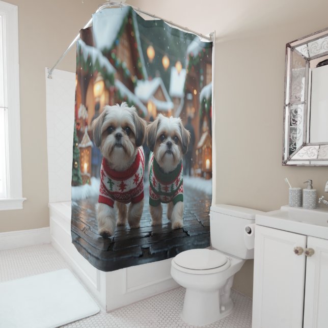 Shih Tzu Dogs Christmas Snow Holiday Shower Curtain (In Situ)