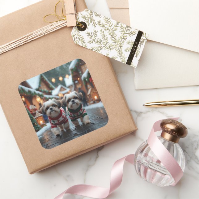 Shih Tzu Dogs Christmas Snow Holiday Square Sticker (Gifting)