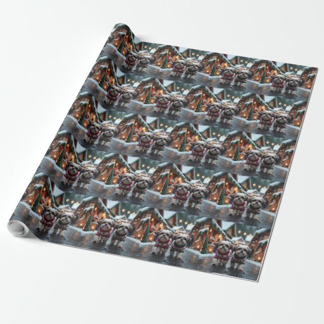 Shih Tzu Dogs Christmas Snow Holiday Wrapping Paper (Unrolled)
