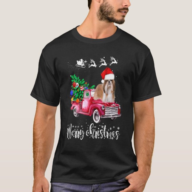 Shih Tzu Dogs Ride Red Truck Christmas  Xmas T-Shirt (Front)